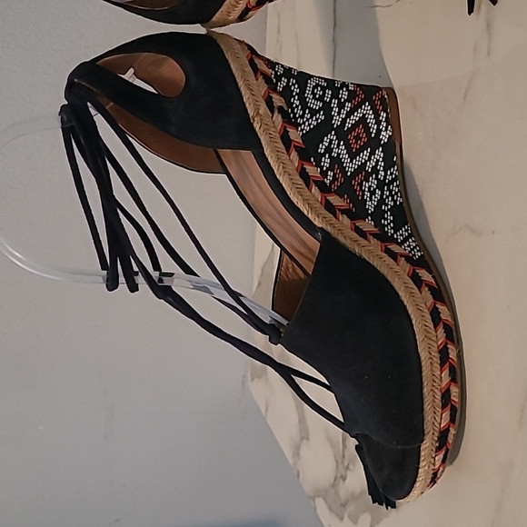 Cabi Isla Leather Suede Navy Blue Wedge Heels Espadrilles Sandals Wmns 7.5 Boho - Picture 7 of 14